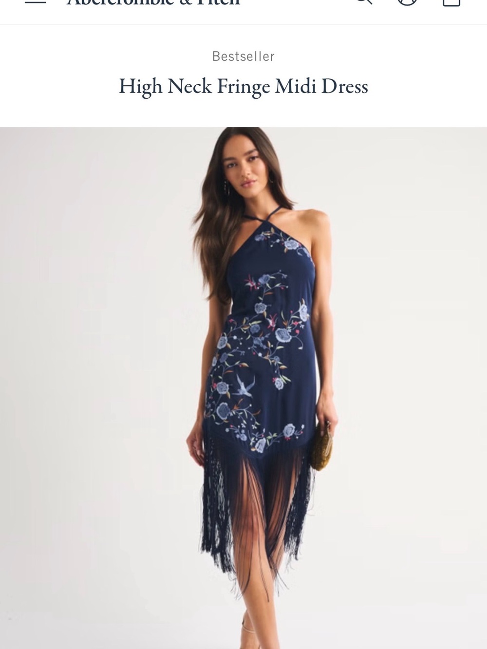 Abercrombie & Fitch Navy Floral High-Neck Fringe Midi Dress